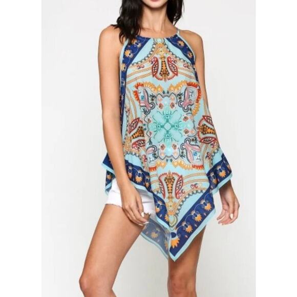 Blu Heaven Womens Top S Blue Colorful Halter Tunic Boho Hippie Festival Fairy - Picture 1 of 16